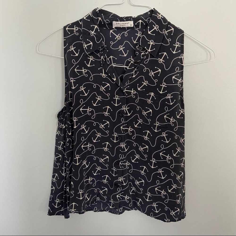 Equipment Silk Navy Nautical White Anchors Blouse XS Button Up